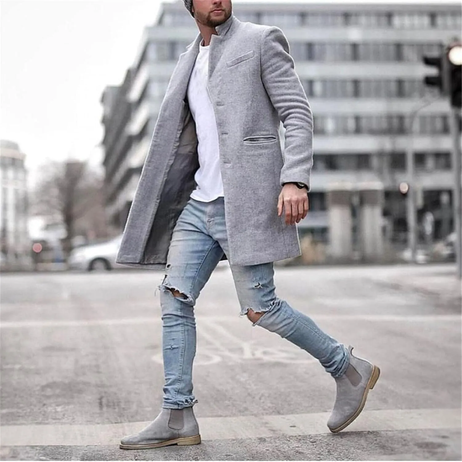 ZWRXW Woolen Trench Coat for Men Notched Lapel Double Breasted Slim Fit Winter Warm Overcoat Blazer Business Pea Jacket